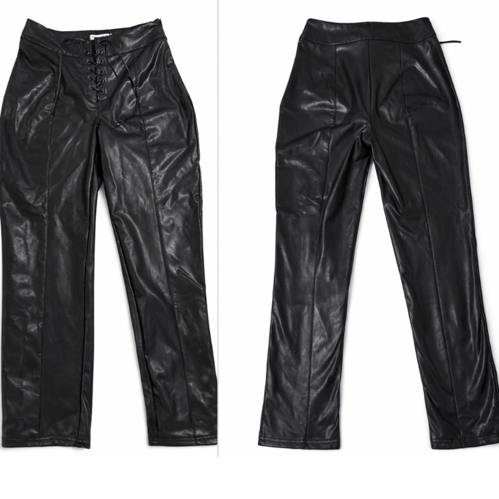 Avec Les Filles Black Lace-Up Faux Leather Pants